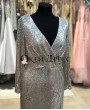 Серебрянное длинное облегающее платье с рукавами и разрезом купить или напрокат салоне Окей Дресс 