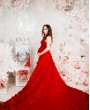 Вечернее платье с огромным шлейфом красного цвета. Салон платьев в Краснодаре