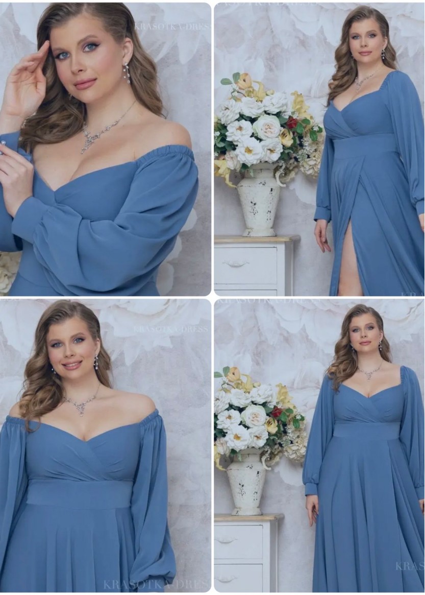 Вечернее длинное синее платье с рукавом большого размера купить или арендовать в салоне платьев Окей Дресс в Краснодаре