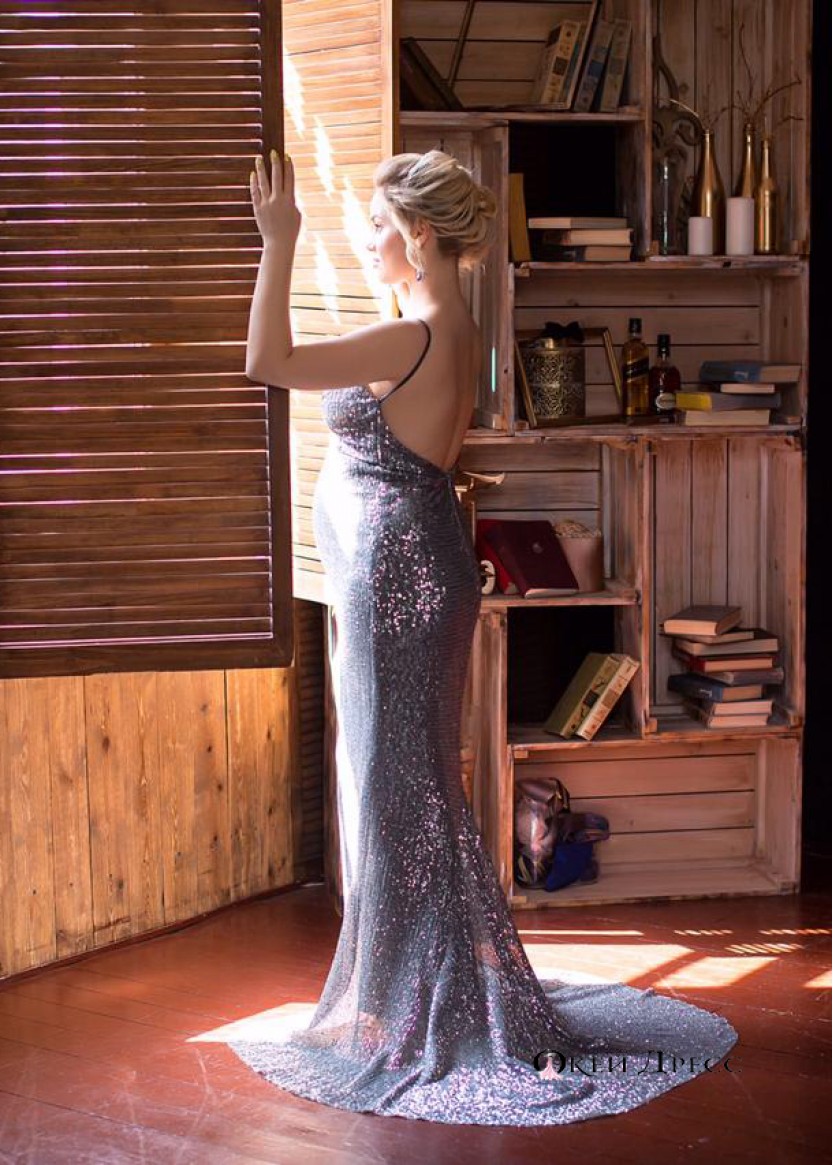 Платье вечернее длинное блестящее Адель Графит. Салон Проката платьев в Краснодаре