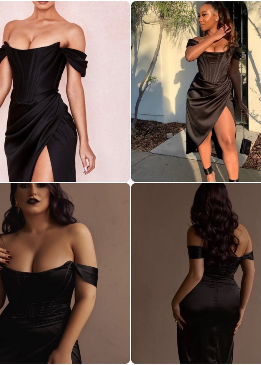 Черное простое платье с декольте и спущенными плечами