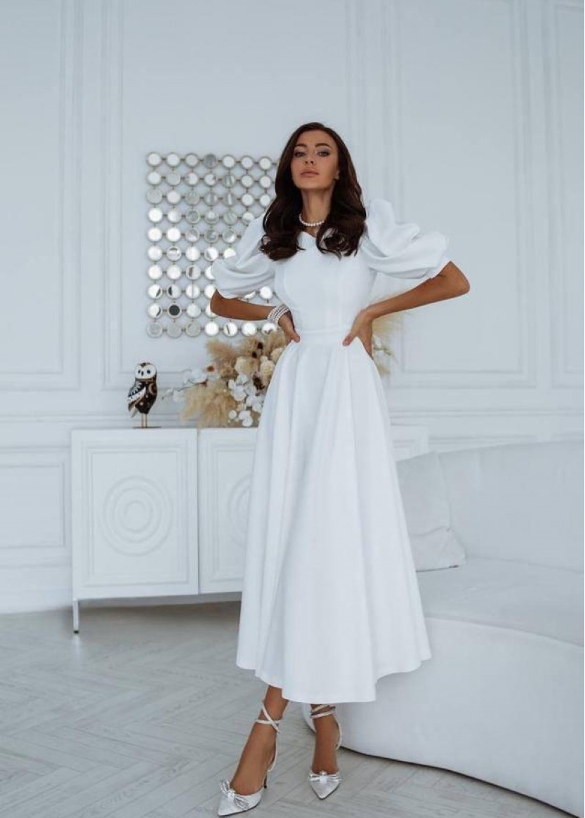 Белое свадебное платье миди ниже колена