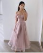 Розовое платье миди корсетное с спущенными плечами