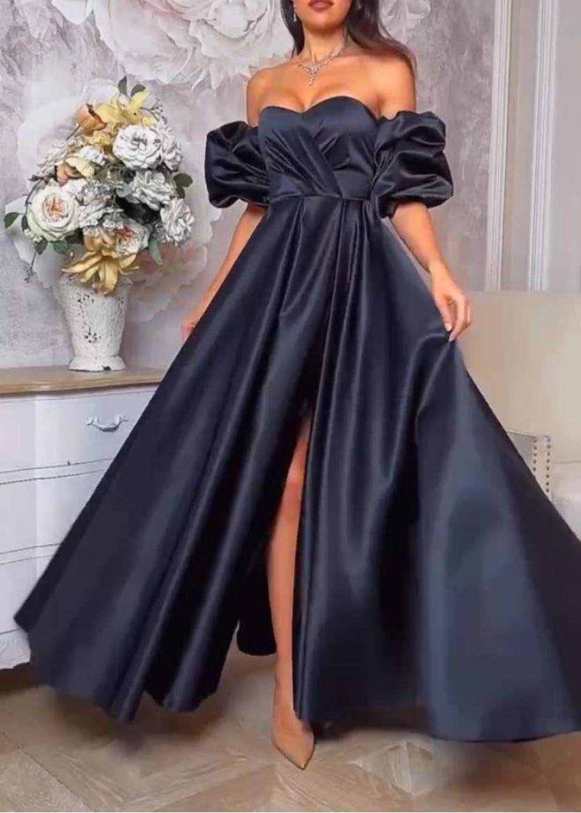 Черное атласное платье с пышными рукавами-буффами напрокат