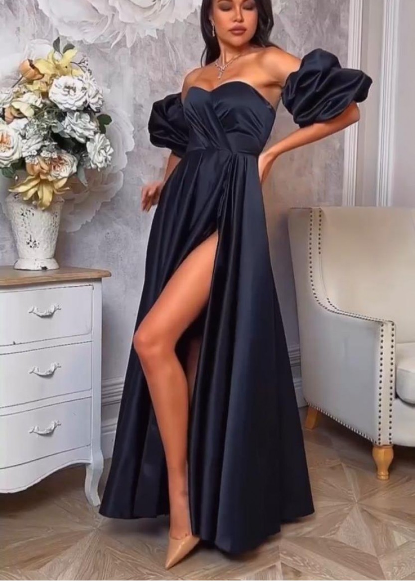 Черное атласное платье с пышными рукавами-буффами напрокат