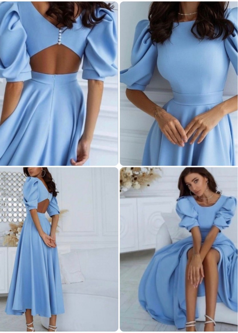 Вечернее голубое платье ниже колена с буфами и открытой спиной напрокат
