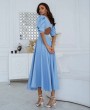 Вечернее голубое платье ниже колена с буфами и открытой спиной напрокат