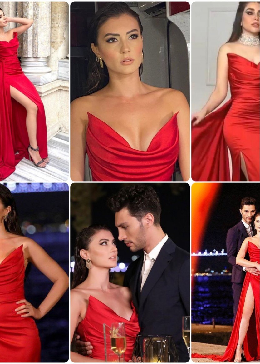 Красное длинное платье с разрезом в пол и открытым верхом