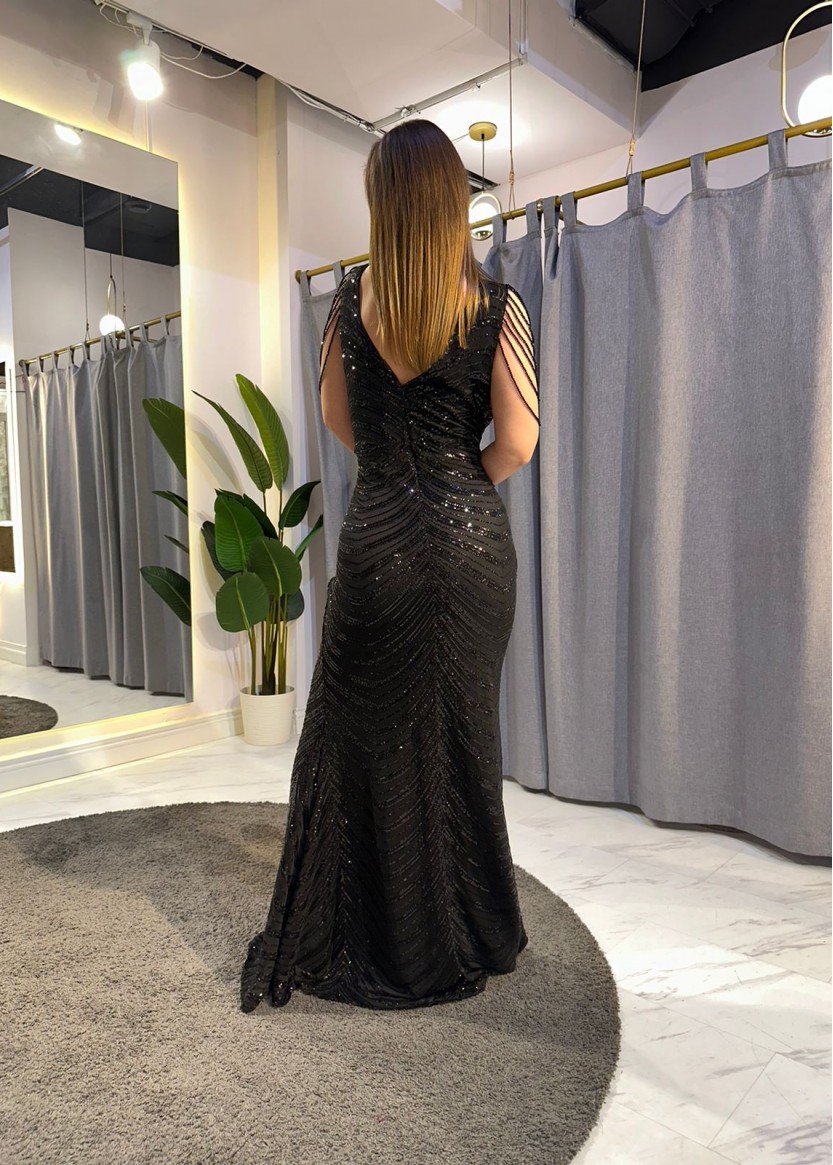 черное вечернее длинное облегающее сверкающее платье-рыбка 2024. Салон платьев Окей Дресс