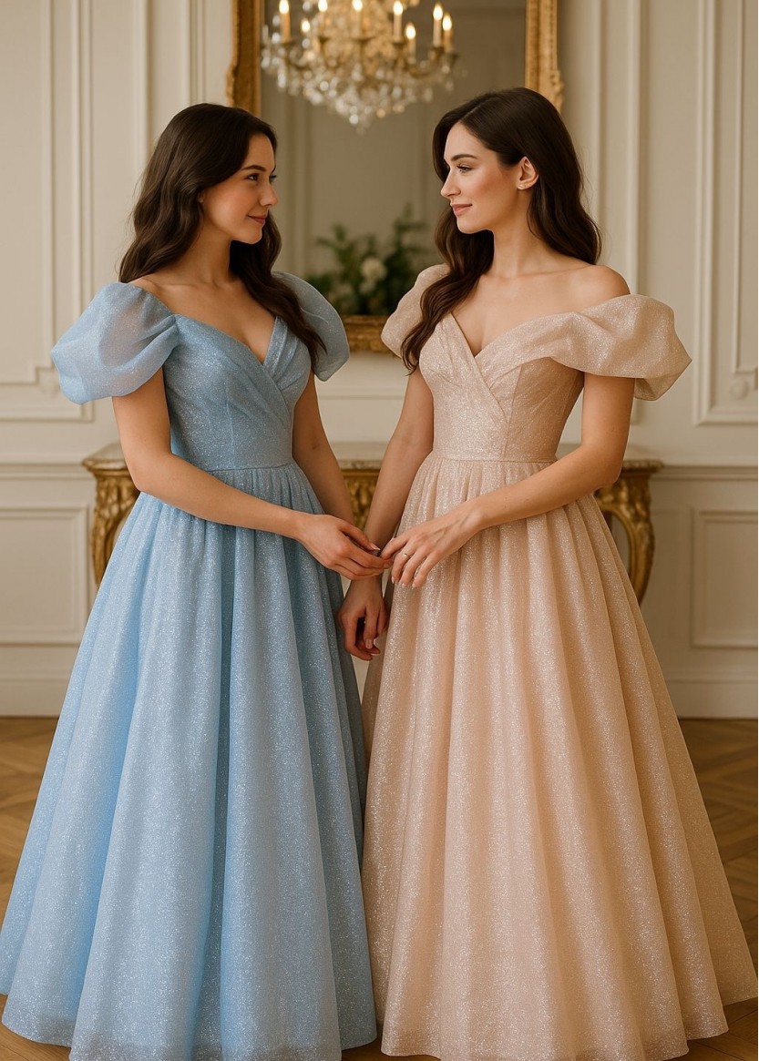 Аренда длинного глиттерного платья с пышными фалдами