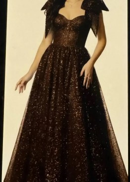 Шоколадное глиттер-платье в пол с разрезом и бантами на плечах | Купить новое или напрокат на выпускной 2026